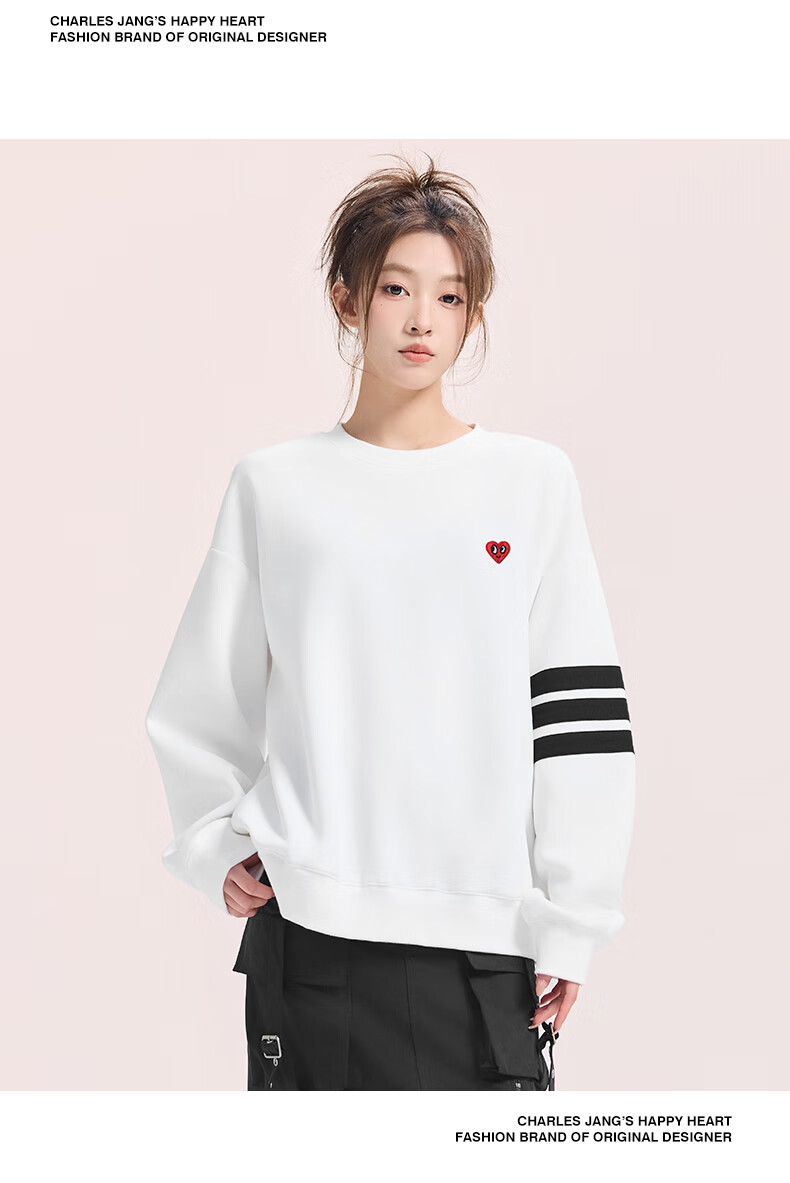 Charles Heart American Style Three Stripes Crewneck Sweatshirt Loose Fit Spring Autumn Couple New Heart Embroidery Long Sleeve Light Heather Gray XS 7