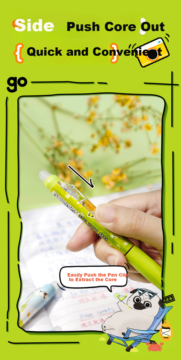 COMIX Erasable Gel Pen, Wu Huang Co-Branded Retractable Pen with Bullet Tip 0.5mm Blue, Cartoon High-Quality Signature Pen for Elementary School Students, 4 Pens EWHGP0102 3