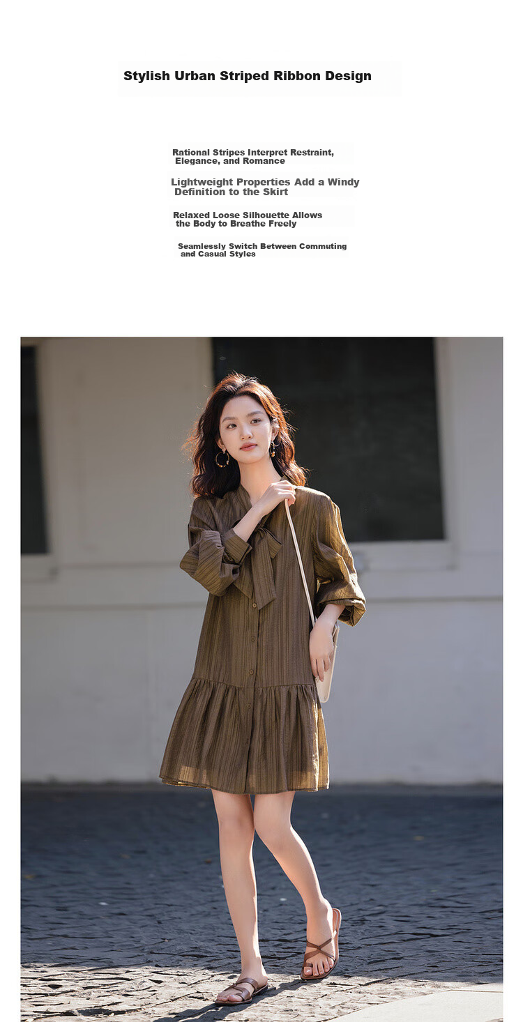 Dme [Moderate Romance] Spring Vintage Style Lyocell Striped Ribbon Button Elegant Midi Dress for Wome 2
