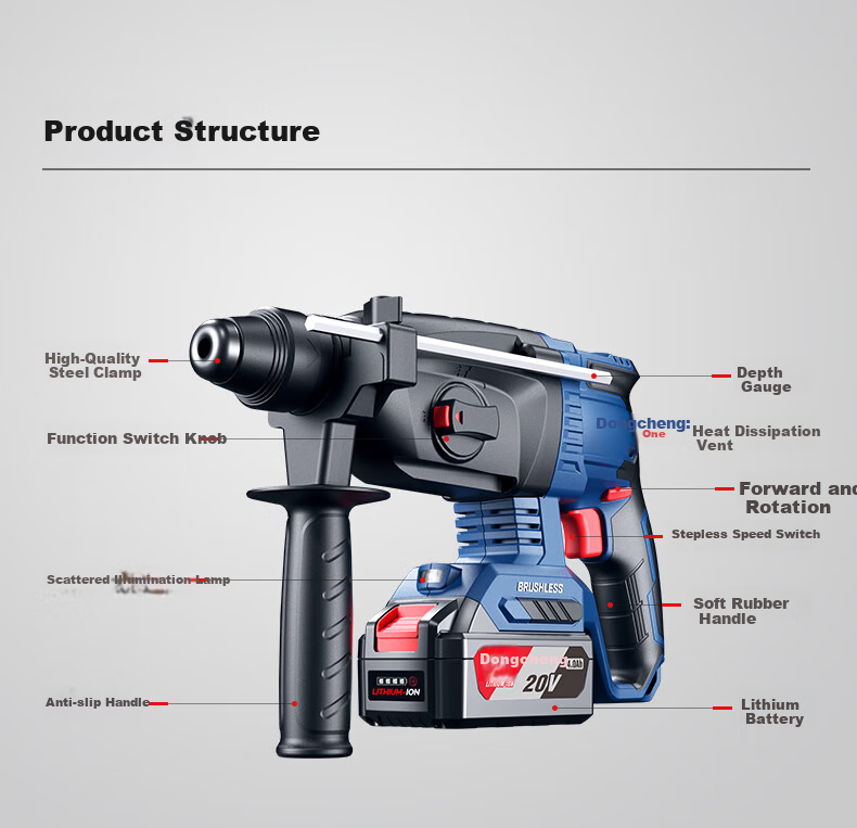 Dongcheng 20V Rechargeable Brushless Three-In Lithium-Ion Hammer Drill, Electric Pick, Impact Drill, Concrete Drill DCZC04-24H2M 11