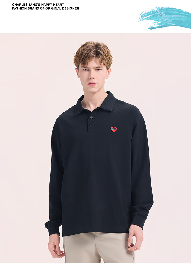 Charles Peach Heart Simple Collar Polo Sweatshirt Unisex Couple Small Heart Chest Autumn Long Sleeve Off-White S 7
