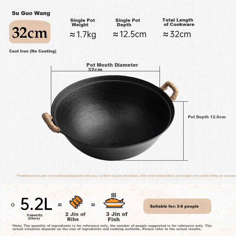 Wangyuanji Iron Wok, Double-Handled Traditional Round Bottom Skillet, Wang Non-Coated Turtle Pattern Large-Belly Stir-Fry Pan, Cast Iron Pot, 32cm