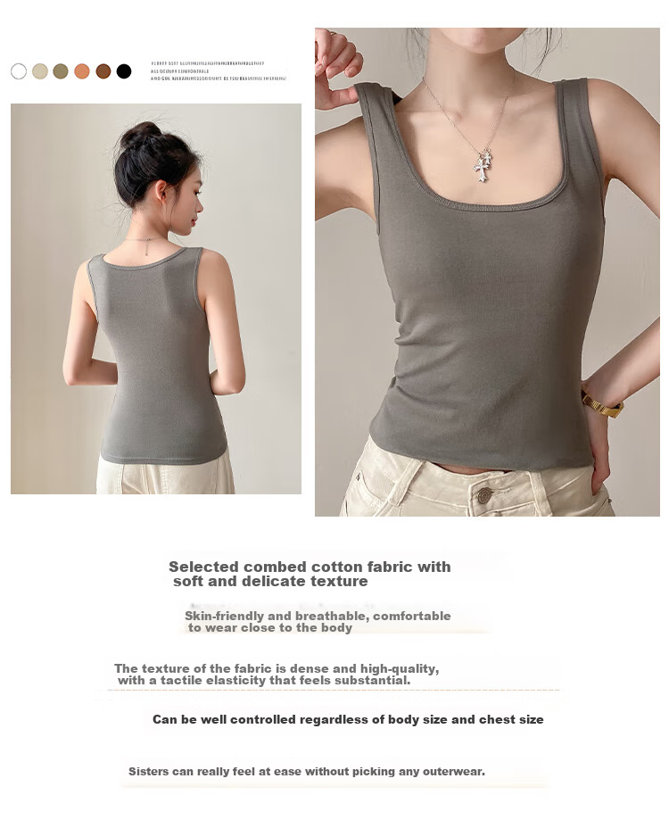 Hengyuanxiang [Pure Cotton] Women's Camisole Tank Top, Beautiful Back Design, Can Be Worn As Outerwear, Square Neckline, Round Neck - White 6