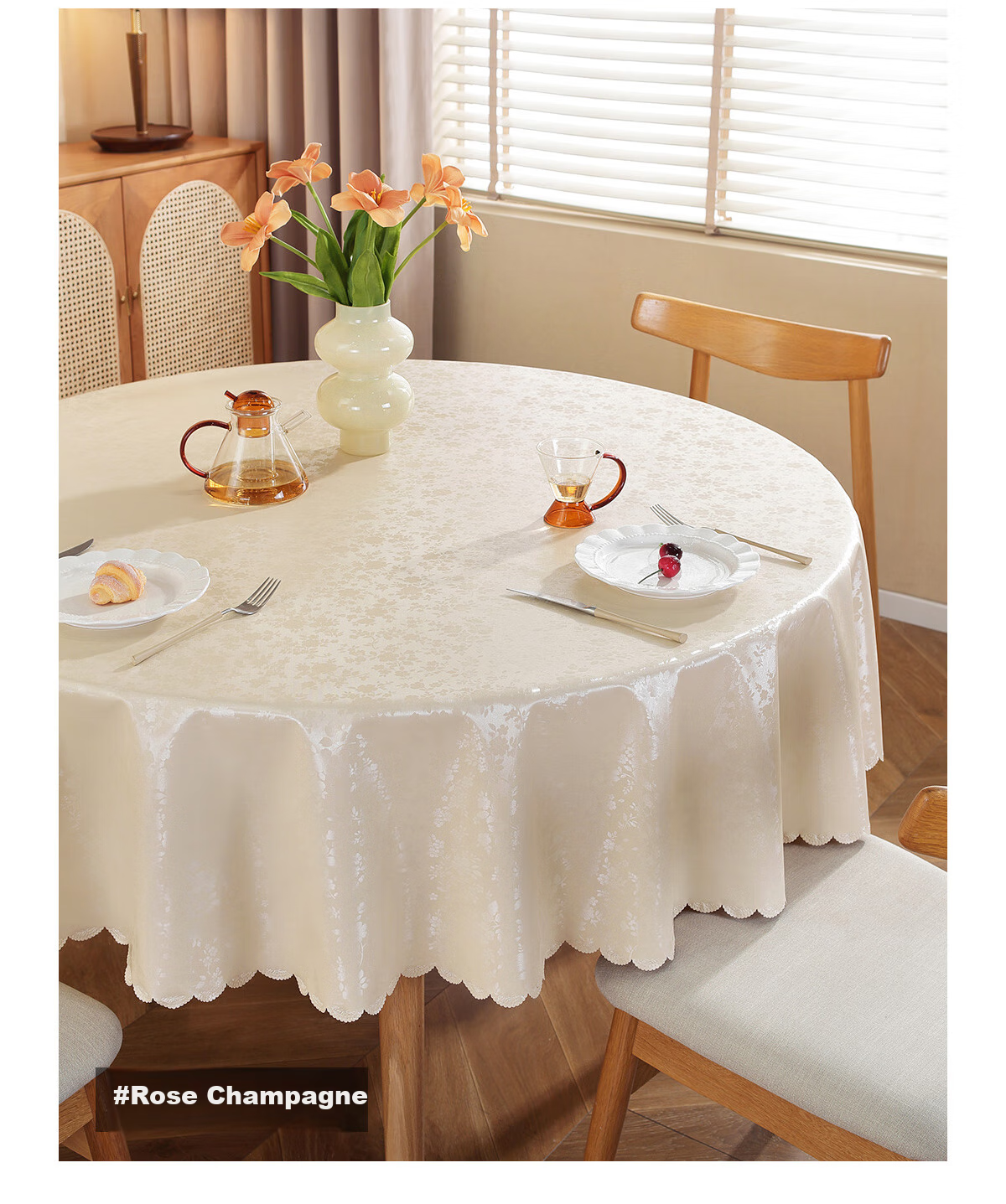 Ali Round Tablecloth, Waterproof And Oil-Proof Table Mat, Heat-Resistant Round Table Cover, Coffee Table Cloth, 220*220 Cm, Rose Champagne Color 7
