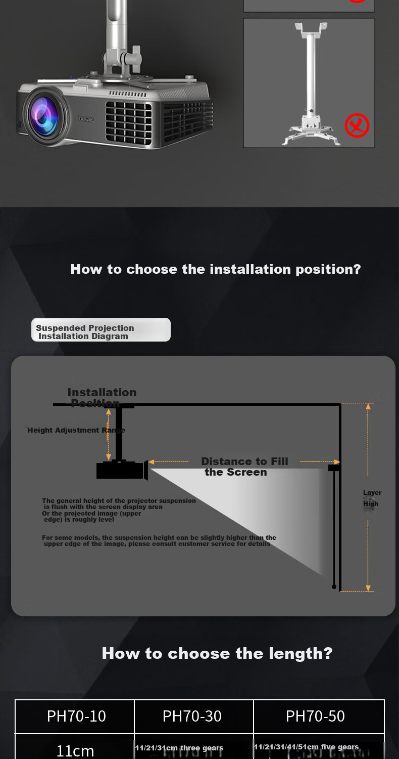 CINE Projector Ceiling Mount Bracket for Home Installation, Ceiling Support for Epson CO-W01/FH01, BenQ i750, UGREEN Q10, Orange Projector Ceiling Mount PH70-30 Silver 3
