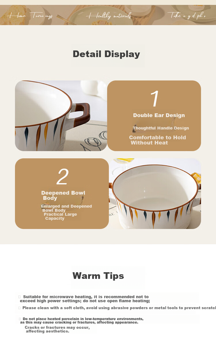 Hechuanwu Ceramic Soup Bowl, Large Size 10.5 Inches, Household Use, Underglaze Color, Double-Ear Large Bowl for Soup And Luosife 7