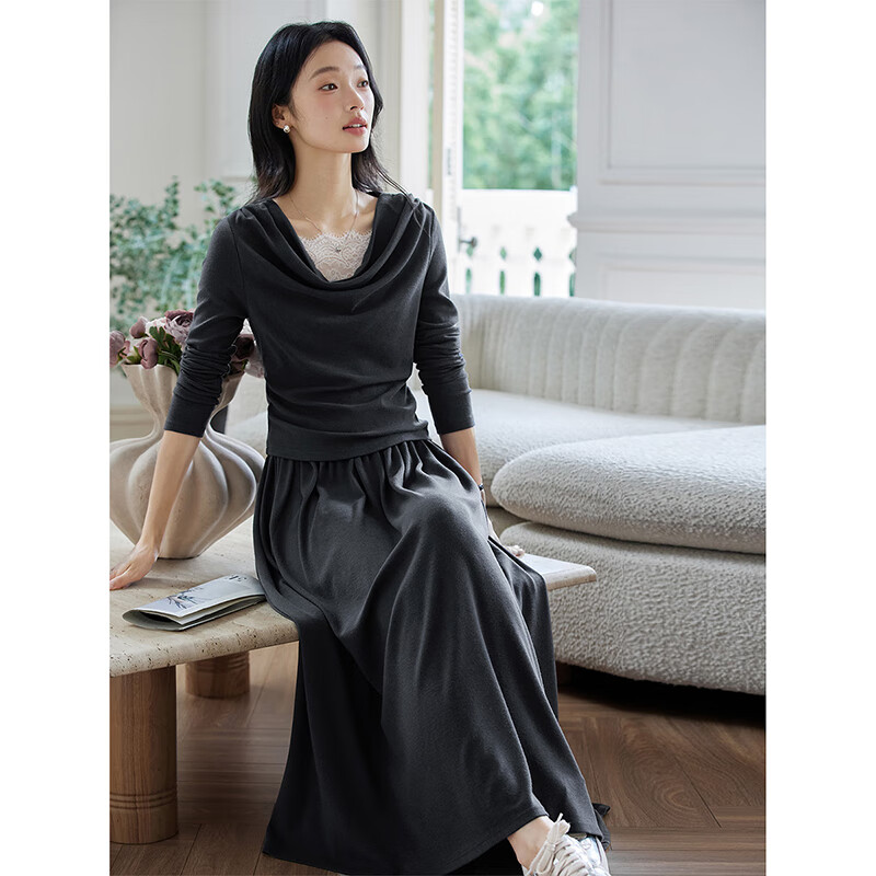 Fansiman Holiday Style Lazy Set Women Autumn New Off-Shoulder Top and Skirt Two-Piece Set Iron Gray XL