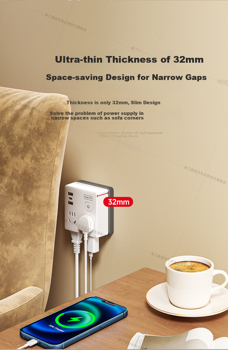 Lengon 86 Panel One-to-Multiple Ultra-Thin Socket Converter One-to-Two Socket Extension Multi-Functional Split Control Plug Desk PD30W Apple Fast Charging One-to-Four Adapter 5
