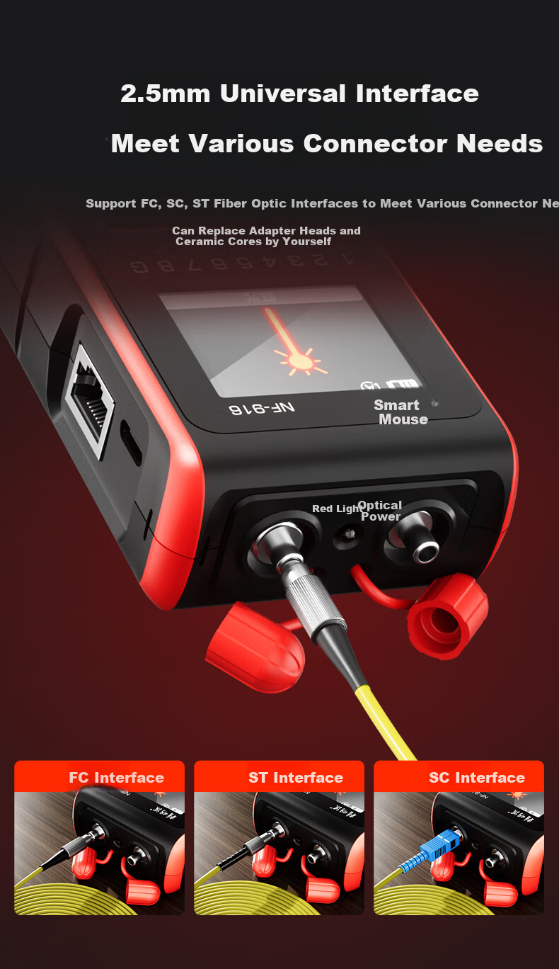 Jingmingshu NF-916 Mini Fiber Optic Cable Tester, Line Power Test Pen with Red Light, Four-In 2.5mm Interface Compatible with Various Connectors 9