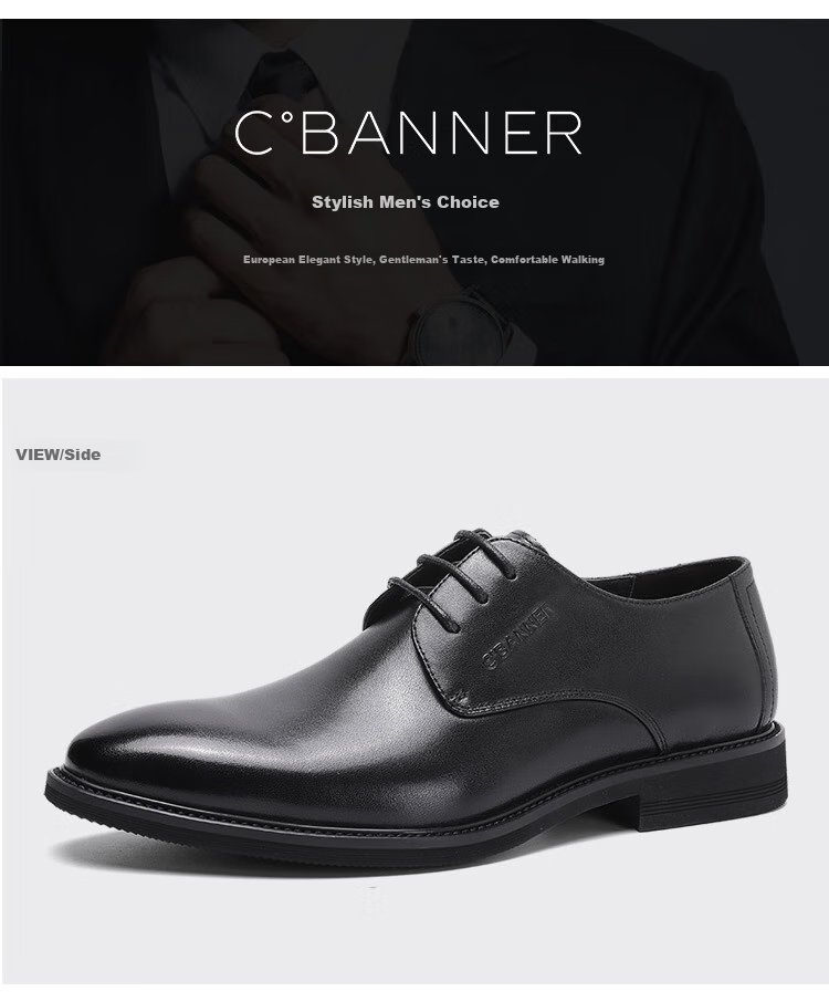 C.BANNER [Top-Grain Leather] Classic Business Men's Shoes, Casual Leather Shoes, Formal Derby Shoes, Suit Wedding Shoes, Black, Size 42 5
