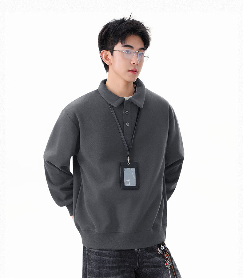 Dingfengbaoluo Heavyweight Polo Collar Sweatshirt Men Autumn Winter Trendy Casual Loose Simple Solid Color Top DQZ10 Black XL 16