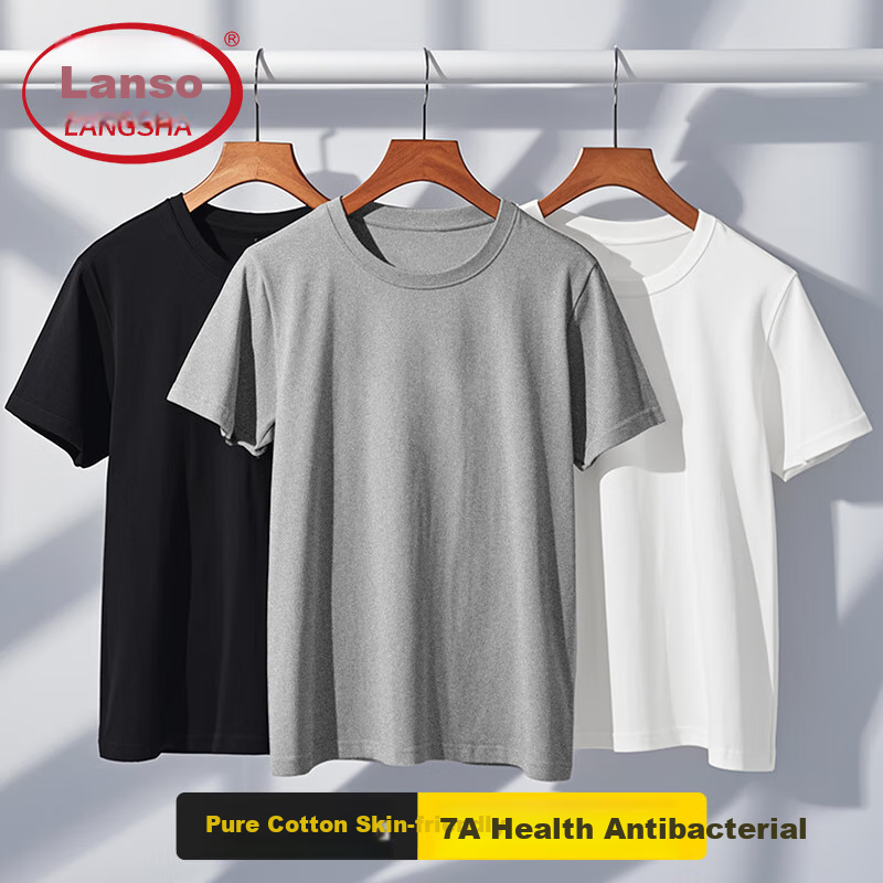 LangSha Men's Short-Sleeve Pure Cotton T-Shirt, Antibacterial Thin Undershirt, All-Cotton Base Layer, Sweat-Absorbing Underwear, Gray