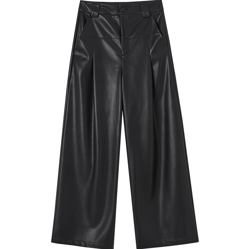 Demana Fashionable Elegant Autumn Design Pleated Panel Wide-Leg PU Surface Petite Women's Casual Pants