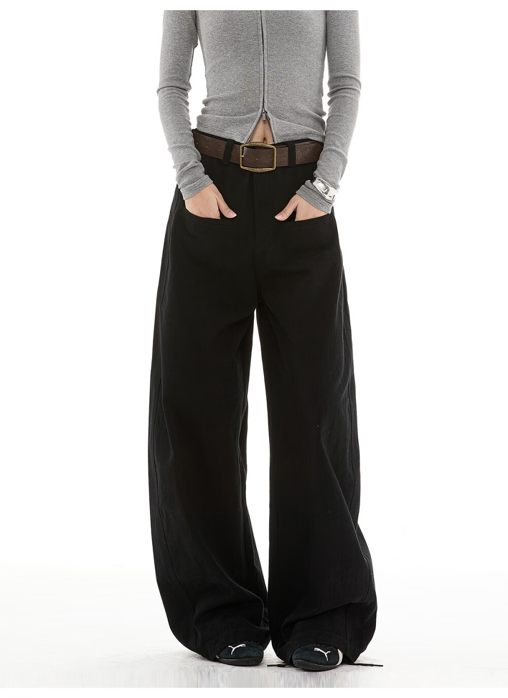 ICH MODE Women's American Vintage Casual Wide-Leg Straight Loose Sports Pants Black M 16