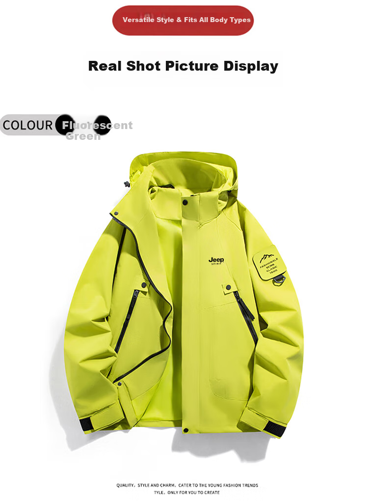 JEEP SPIRIT Men's Spring And Autumn Jacket, Casual Waterproof Sports Hiking Coat for Couples, Fluorescent Green, Size L 11