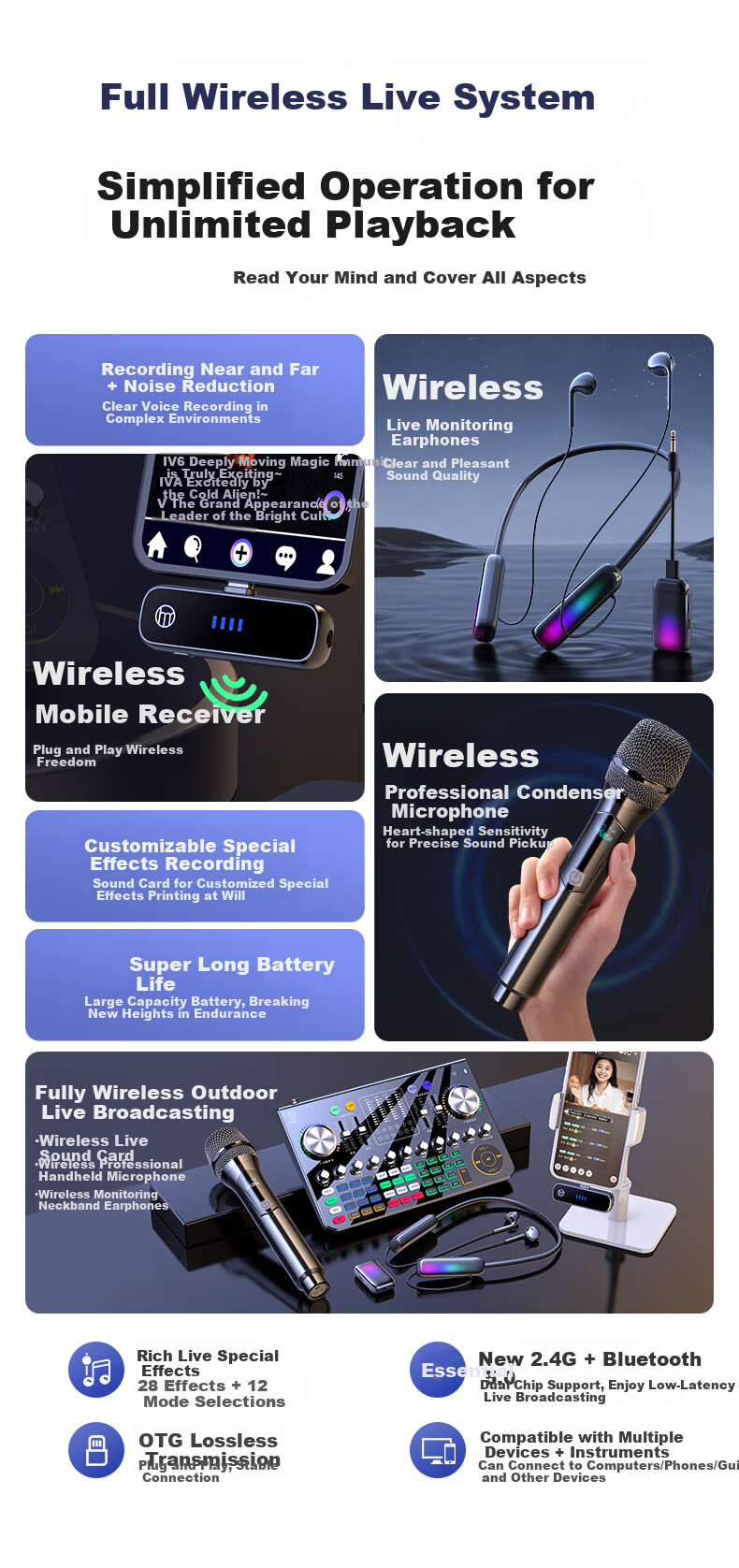 Haomuren Sound Card Live Streaming Equipment Complete Set All-In Machine for TikTok Singers, Recording, Mobile Phone-Specific Computer Professional External Mixer with Wireless Microphone for Karaoke 3