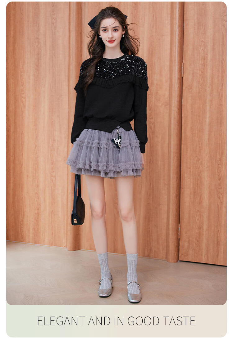 LOUISYAO Sequin Embellished Mesh Splice Sweatshirt 2025 Autumn Winter New Split Hem Fashion Top for Women Gray S 15