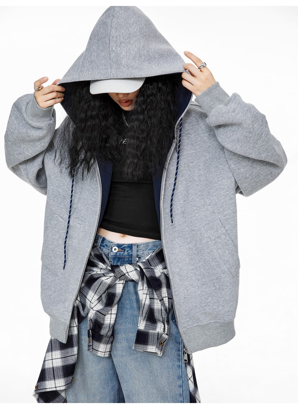 ICH MODE Women's Hoodie American Vintage Loose Fit Zip-up Sweatshirt Spring Autumn New Light Heather Gray L 24