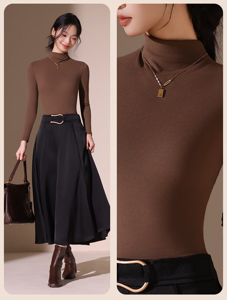 Urban Beauty Camellia Moisturizing Semi-Turtleneck Fleece-Lined Long Sleeve Base Layer Top for Women Autumn Winter High Elastic Soft Inner Wear 16