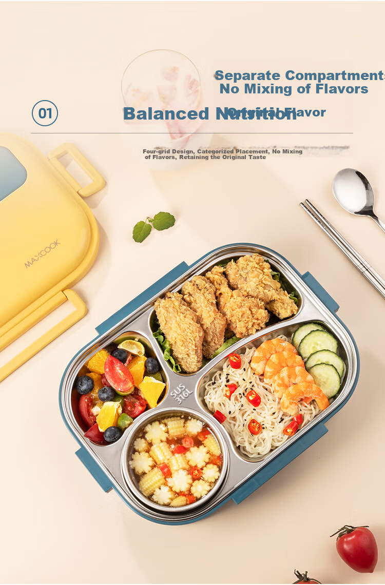 Maxcook 316L Stainless Steel Lunch Box, Microwave-Safe 4-Compartment Insulated Student Lunch Box with Utensils And Bag MCFT5845 2