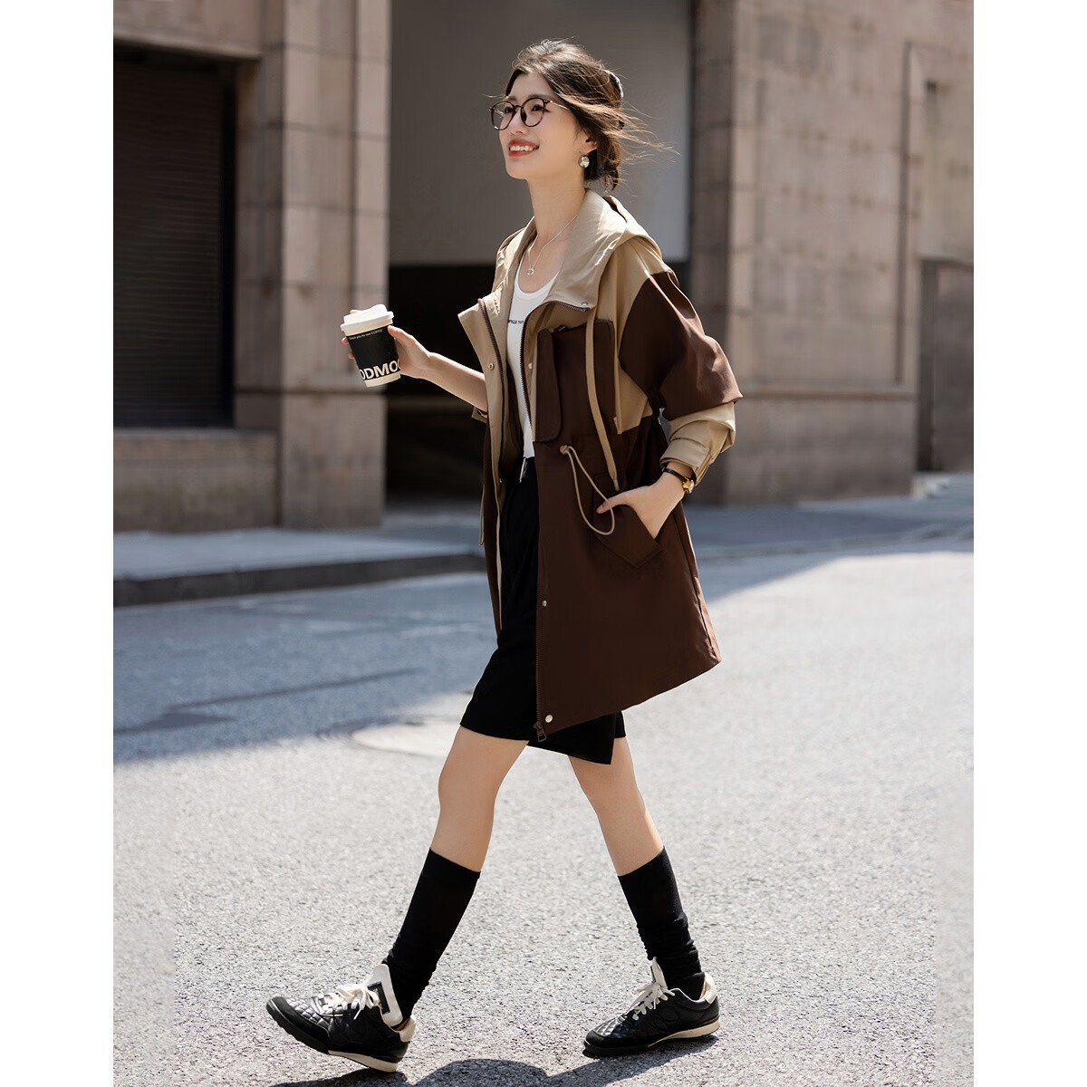 Demana [Three-Proof Black Technology] Autumn Jacquard Nordic Cotton Hooded Double Zipper Colorblock Drawstring Elegant Women's Jacket