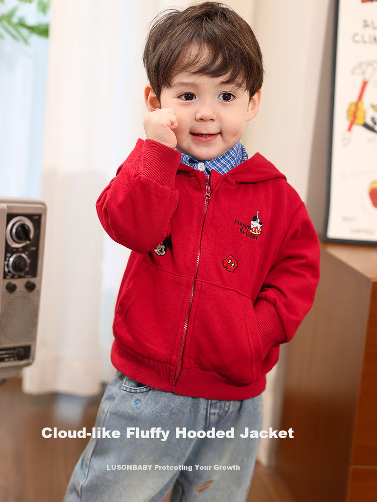 LUSON Little O Dad Boys' Baby Jacket Spring Hooded Red 2025 New Boys' Sweatshirt Baby Cardigan Spring Autumn Wear 1