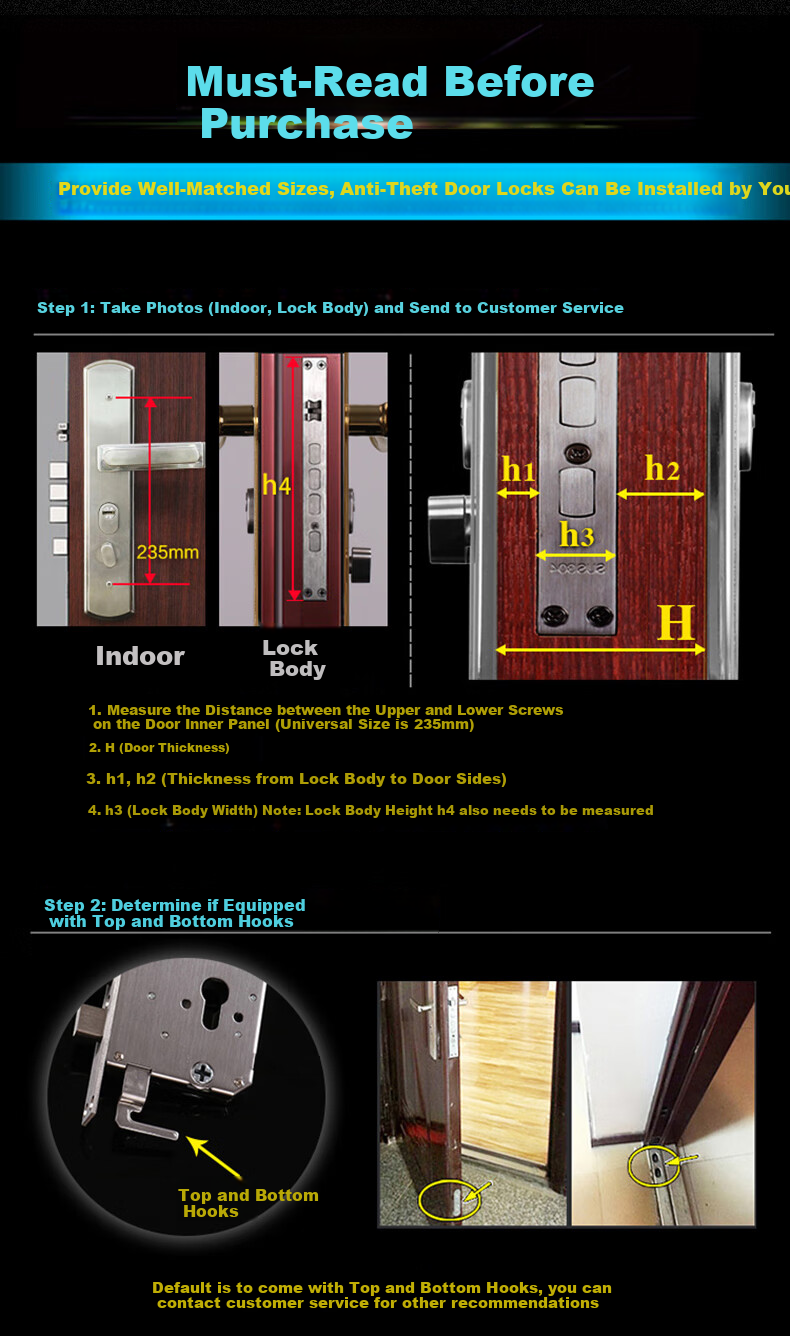 Aoben Anti-Theft Door Lock, Quick-Lock Handle for Entrance Doors W01 Steel - with 30*240 Lock Body (No Lock Cylinder), Installation Guide Included 13