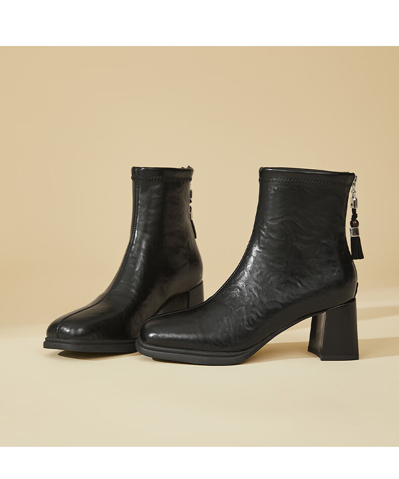 DAPHNE Vintage High Heel Fleece-Lined Ankle Boots for Women Petite French Square Toe Fashion Chunky Heel Slim Leather Boots Brown 37 7