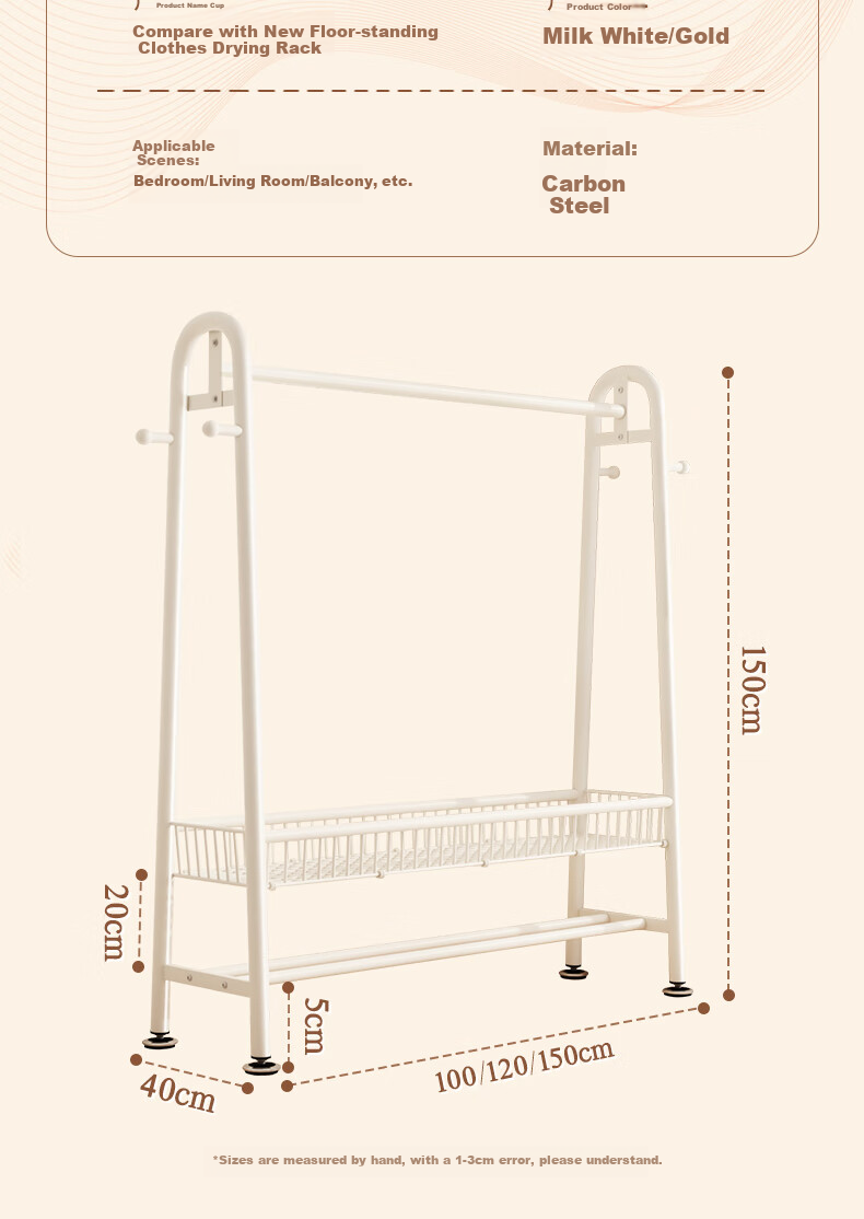 BIX Floor-Standing Clothes Rack for Bedroom, Home Drying Rack, Simple Coat And Hat Stand, Indoor Balcony Clothes Hanger, 1.2m, White 16