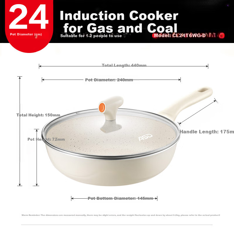 ASD Non-Stick Frying Pan, Ceramic Skillet, Maifanshi Color, Multifunctional Cooking Pan, 24cm, Suitable for Open Flame And Induction Cooktops, T6