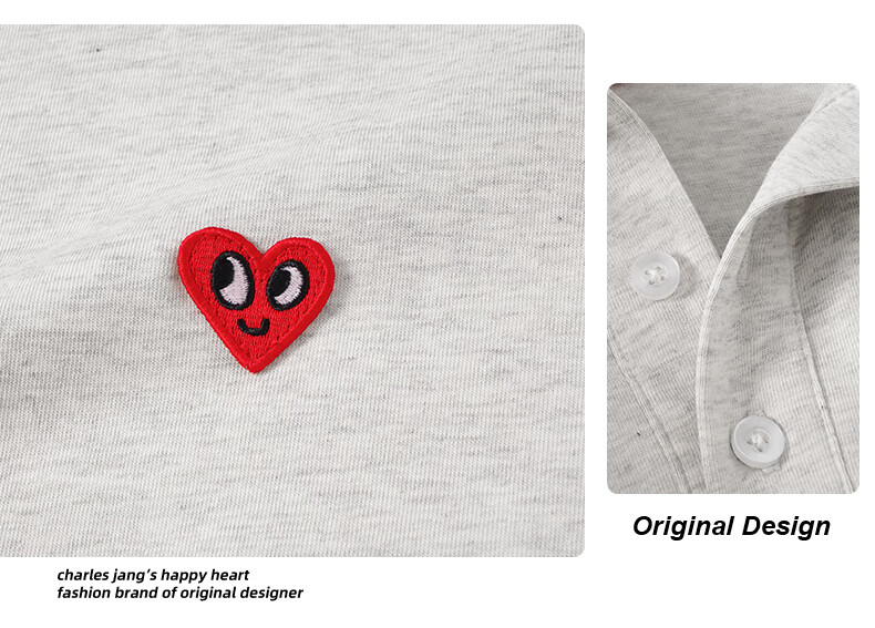 Charles Peach Heart Simple Collar Polo Sweatshirt Unisex Couple Small Heart Chest Autumn Long Sleeve Off-White S 2
