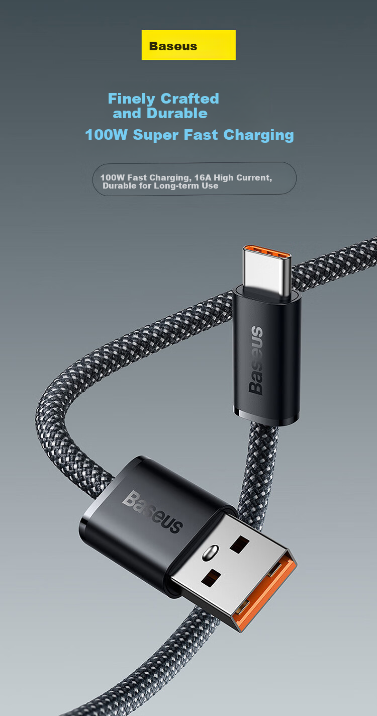 BASEUS Type-C Data Cable, 6A, Suitable for Huawei Honor Xiaomi Super Fast Charging 100W/66, Charging Cord WPura70/Mate70/60Pro+, Android Phones, Car Charger, 2 Meters White 3