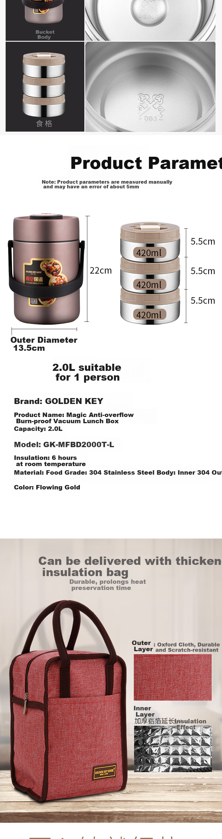 GOLDEN KEY 304 Stainless Steel Lunch Box 2.5L Anti-Scald Vacuum Insulated Lunch Box with Handle (Luminous Silver) GK-C2500T 6