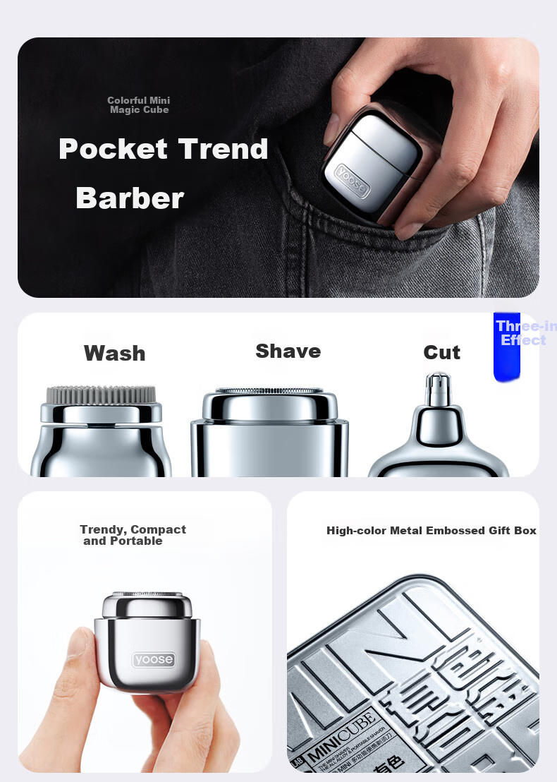 Yoose Electric Shaver, Razor, Nose Hair Trimmer, And Facial Cleanser Three-In Men's Birthday Gift for Boyfriend, Husband, Father, Small Magic Cube Grooming Set D1-S Electroplated Silver 2