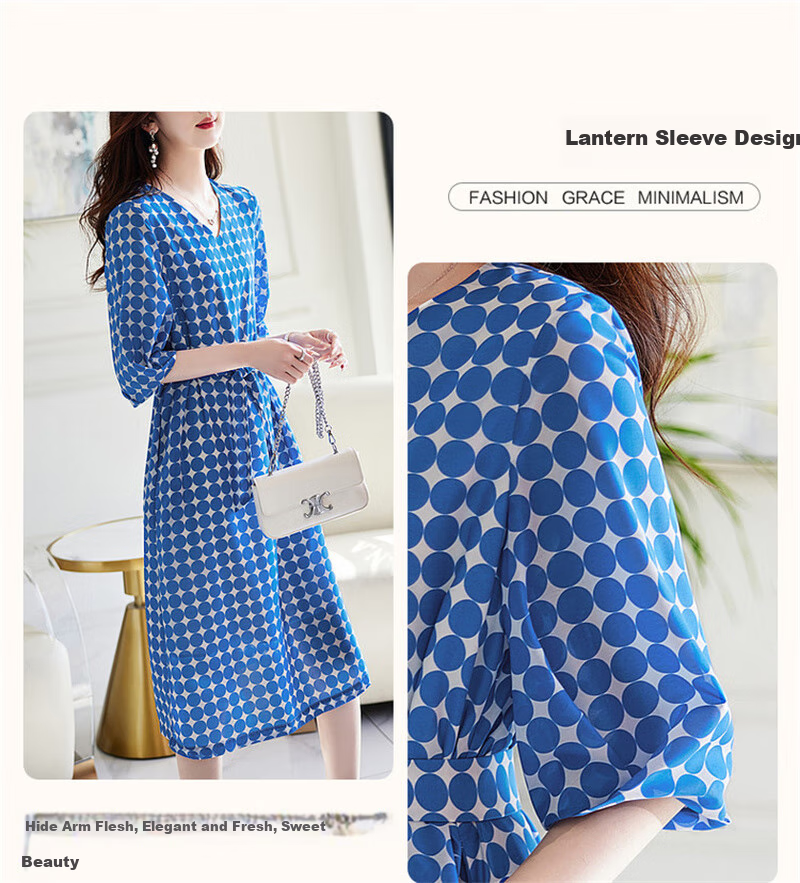 Dme Commuting Polka Dot Vintage Dress Summer V-Neck Lantern Sleeve Chiffon Mid-Length Dress for Women 8