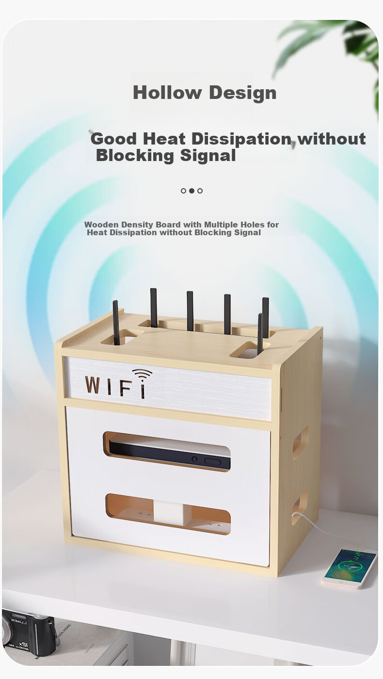 Shuranjia Router Storage Box, Power Strip Holder, Set-Top Box And Optical Modem Shelf, Density Board, Cherry Wood Color, 05-4 6