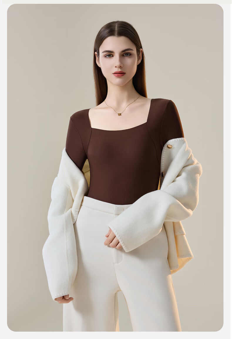 GUJIN Women's Thermal Underwear High Elasticity Square Neck Base Layer Top Coffee Color Autumn Winter 2025 New 10