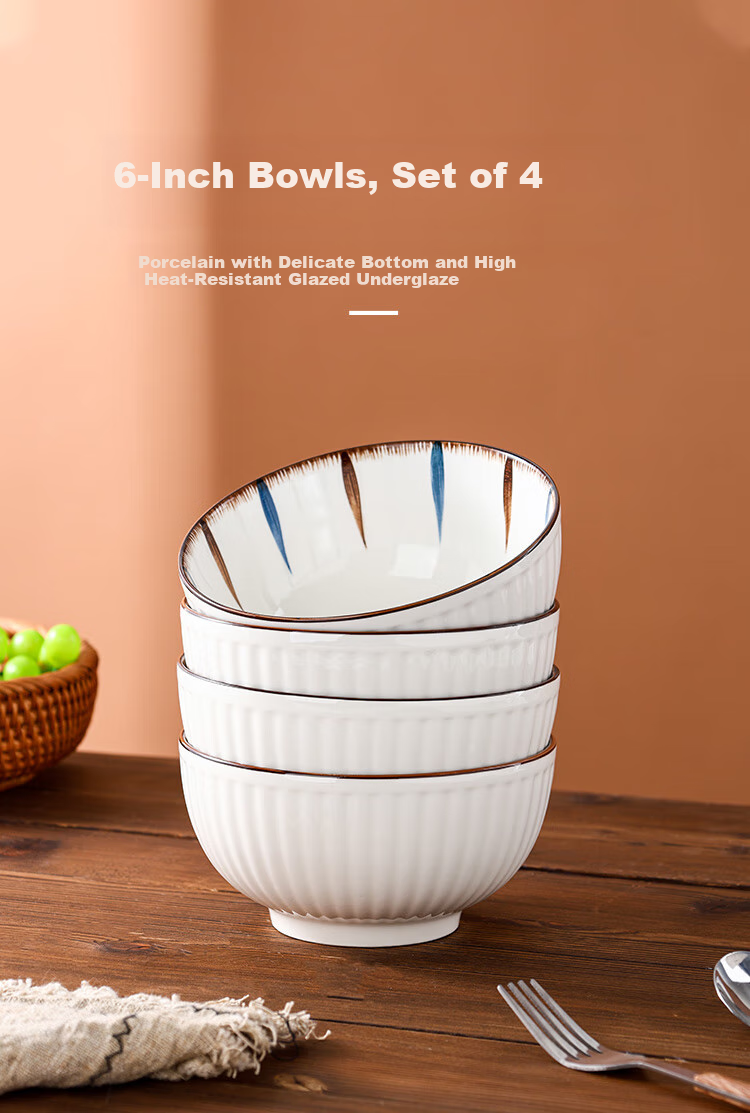 Hechuanwu Ceramic Bowls Japanese Underglaze Color 6-Inch Noodle Bowls Home Rice Bowl Set 4-Piece Set Lantingxu 1