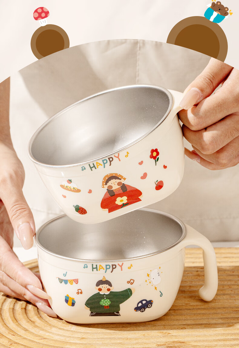 TREEJACK 316L Stainless Steel Single Handle Children's Feeding Bowl Baby Double Layer Anti-Drop and Anti-Scald Rice and Soup Bowl 12