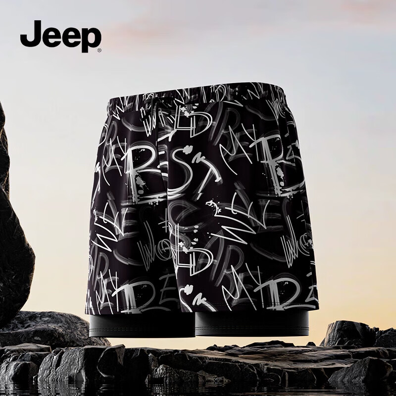 Jeep Men's Swim Trunks, Anti-Embarrassment Quick-Dry Swimming Shorts, Loose Beach Shorts, Adult Hot Spring Swim Trunks, Printed Black, XL