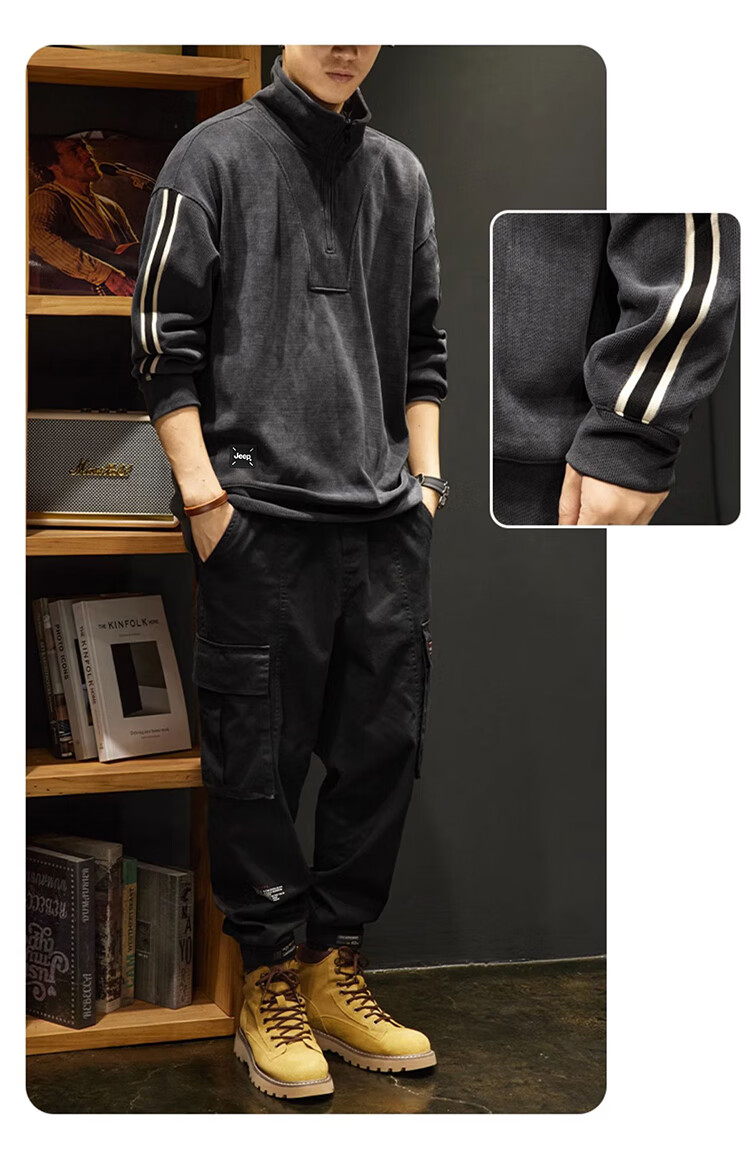 JEEP Men's Autumn Winter Corduroy Thickened Warm Loose Long Sleeve Zip-up Sweatshirt Dark Gray M 3