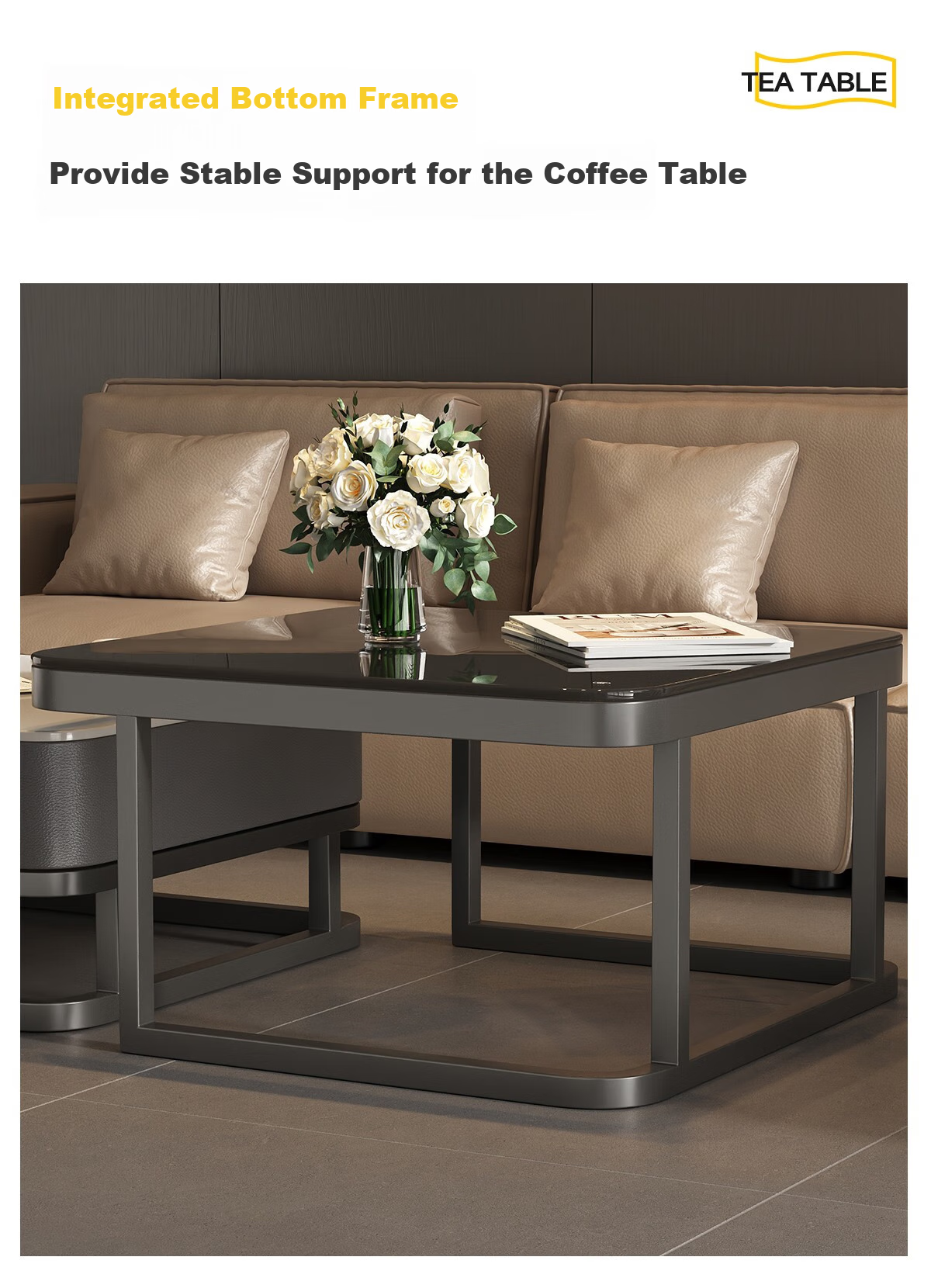 Qianxihuafu Coffee Table, Living Room Side Table for Small Apartments, High-End Light Luxury, 2026 Square Rock Slab Coffee Table, White And Gray Glass Top 18