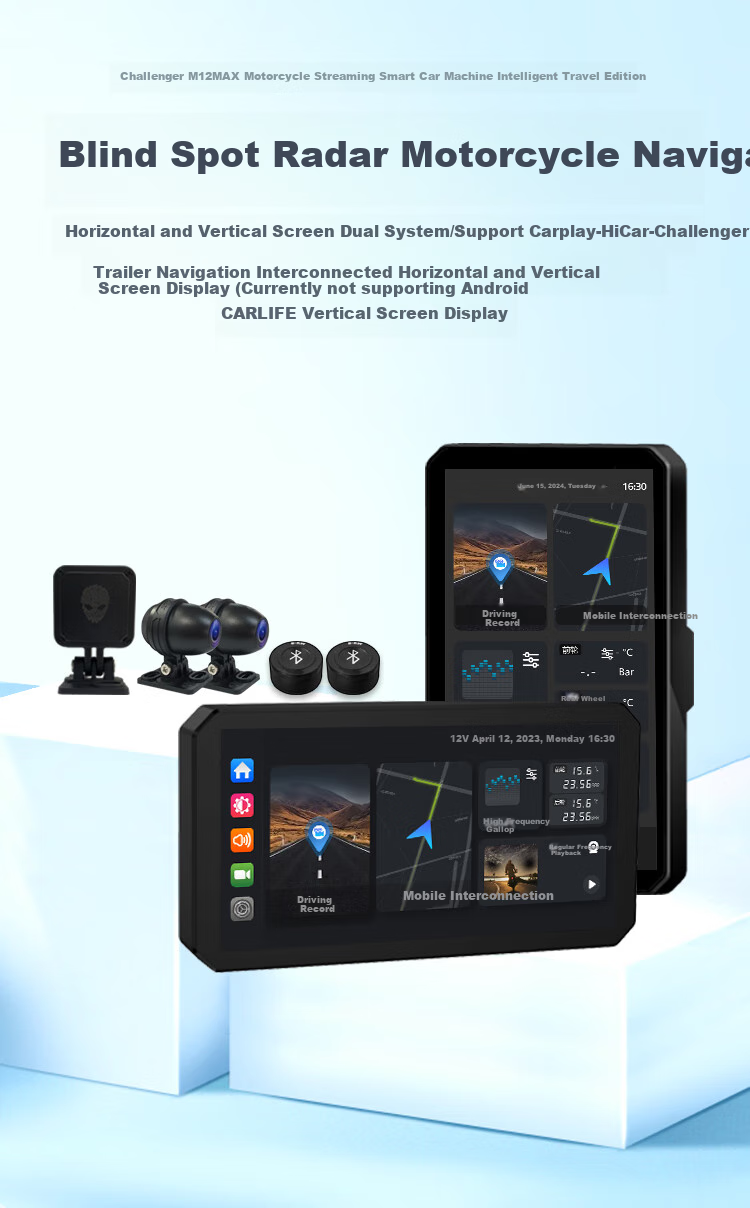 Tupozhe M12-ProMax Motorcycle Dash Cam, Smart Car System for Motorcycles, Navigation, Wireless Screen Mirroring, High-Definition Dual Cameras, Main Unit + Dual Cameras + Tire Pressure Monitor 1