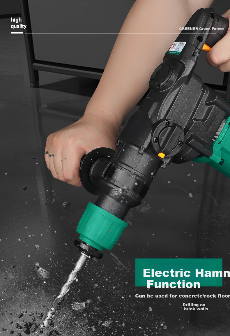Greenlin Electric Hammer and Pick Impact Drill 2-in-1 Industrial Grade 1380W High Power Concrete Drilling Clutch 5