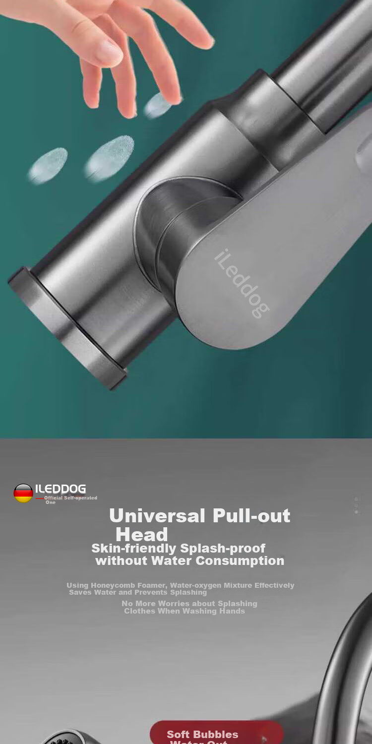 ILeddog [Germany] Kitchen Faucet, Thickened Stainless Steel, Pull-Out And Extendable, Sink Sprayer, Anti-Splash Hot And Cold Tap CPCL 8