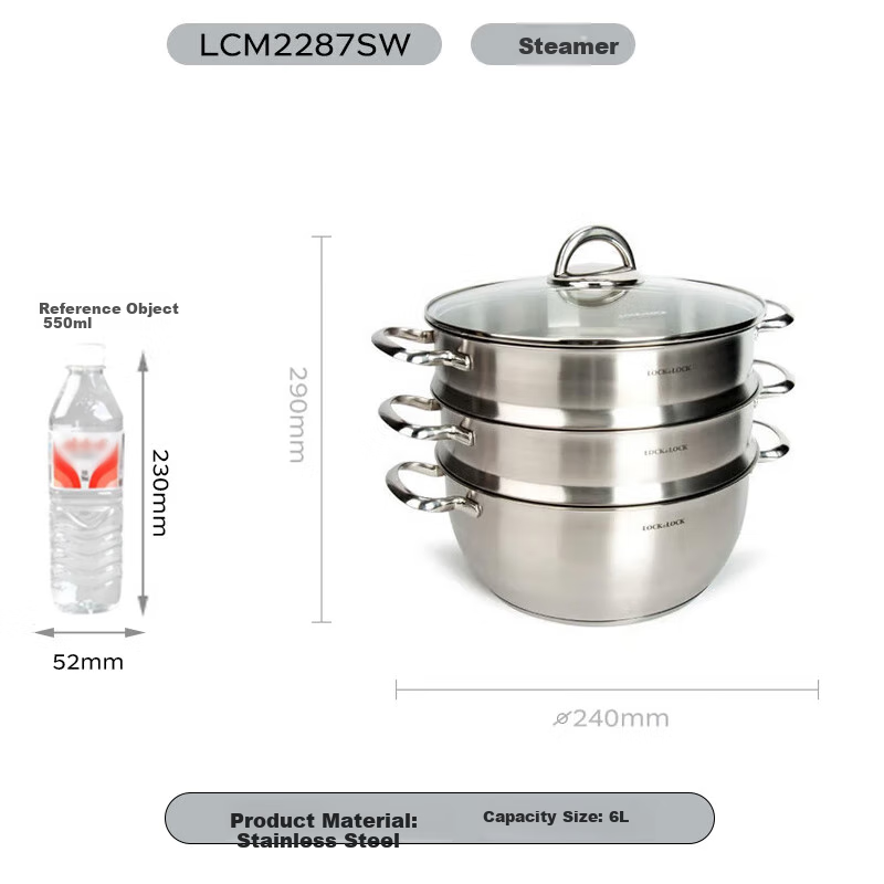 LOCK&LOCK Stainless Steel Steamer Pot, Large Capacity Home Steamer 28CM Three-Layer Combination Set for Steaming Meat, Fish, Buns And Mantou