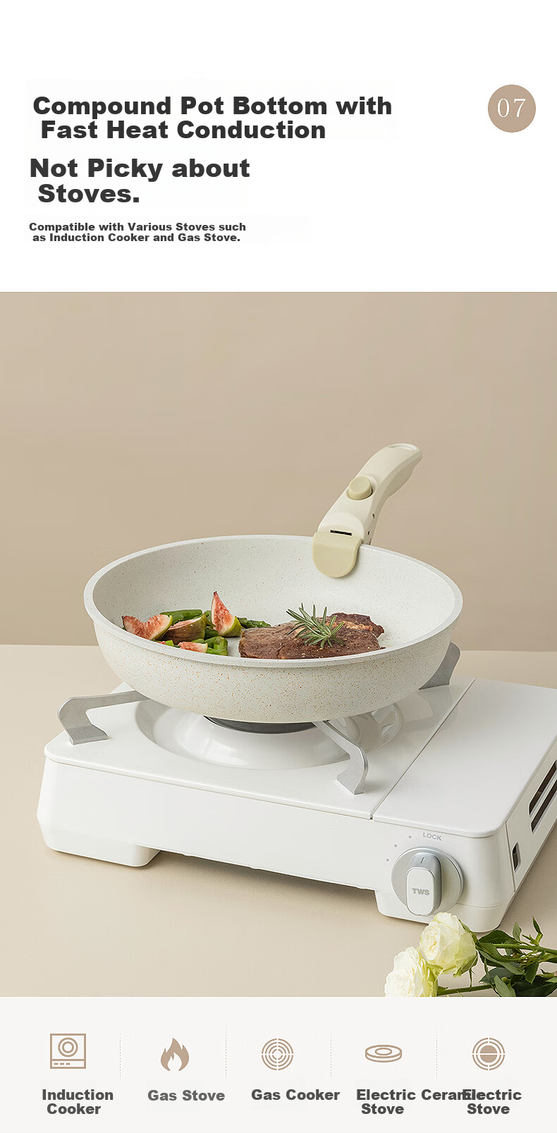 CaROTE Ceramic Detachable Handle Non-Stick Pan Set, Three Pieces for Frying, Stir-Frying, Soup Making, Milk Cooking, Detachable Handle, Compatible with Induction Cooker 10