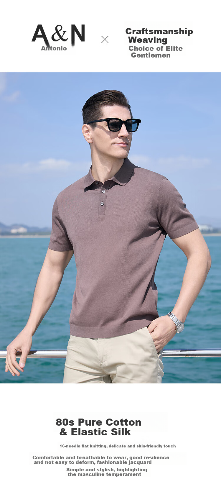 Andongniao [80% Long-Staple Cotton & Hollow Jacquard] Men's High-End Knitted All-Cotton Polo Shirt, Summer Short-Sleeve T-Shirt with Collar 1