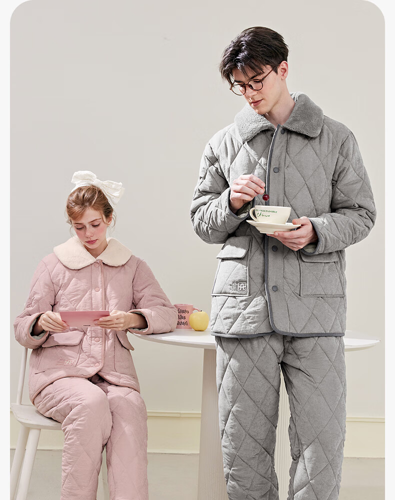 Fenteng Couple's Pajamas, Winter 2026 New Style, Fleece-Lined Three-Layer Thickened, Anti-Static Quilted Warm Women's And Men's Home Wear Set 1