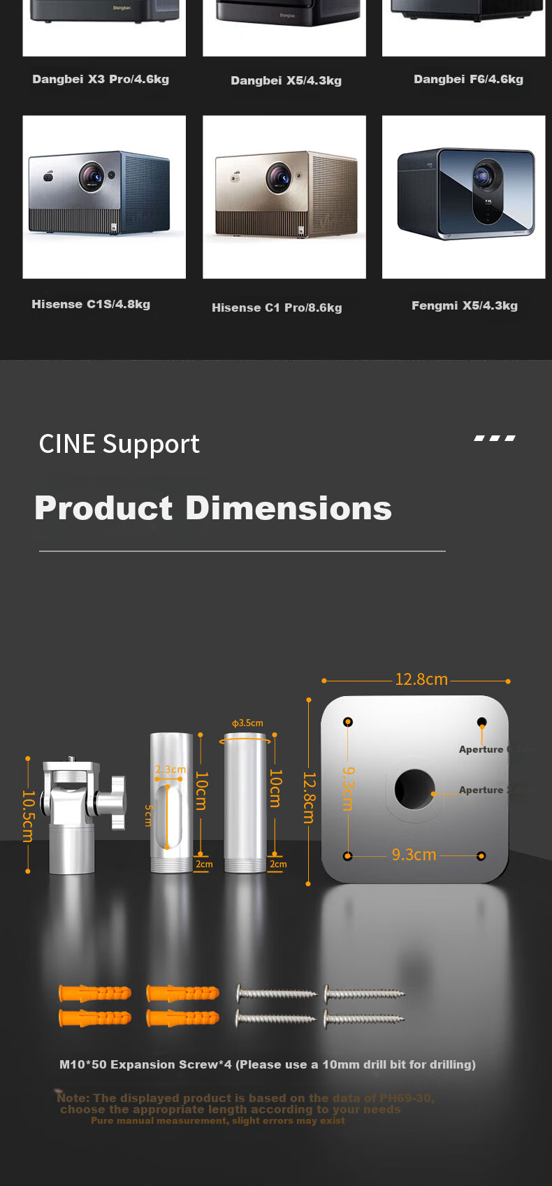 CINE Heavy-Duty Projector Ceiling Mount Bracket for Home Use, Compatible with XGIMI RSpro3 H6, Jianuo N1, Dangbei X5 X3, Hisense C1 Projectors, Hanging Bracket PH69-10 Silver 7